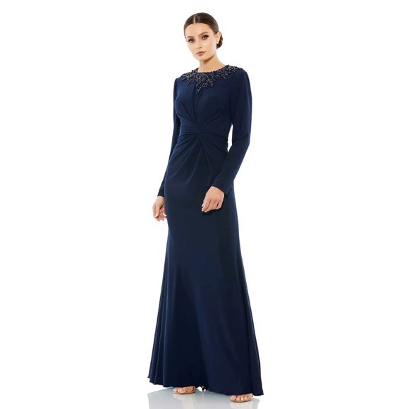 Mac Duggal High Neck Front Twist Long Sleeve Trumpet Gown in Midnight Size 2 - Picture 1 of 11